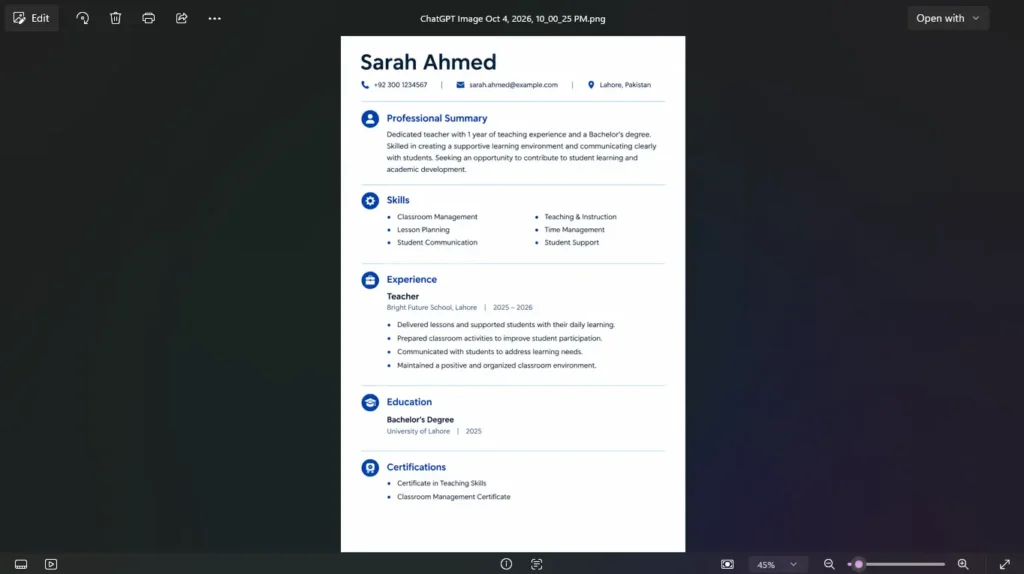Screenshot of a finished one-page resume showing Professional Summary, Skills, Experience, Education and Certifications sections.